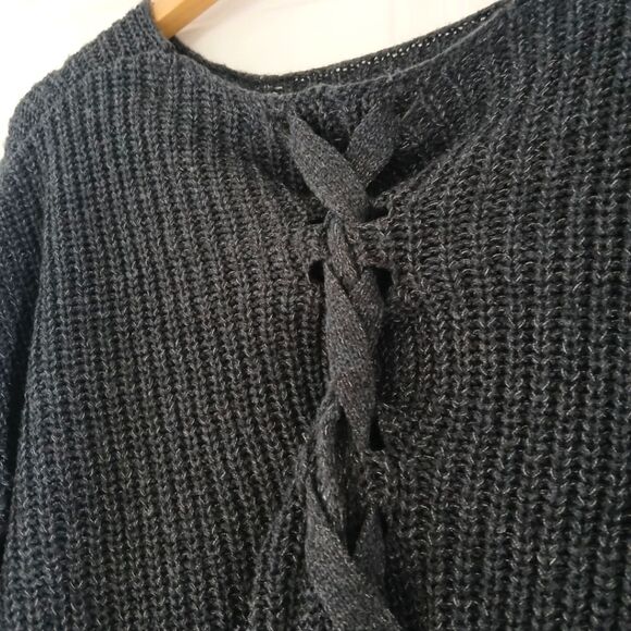 Forever 21 Women's Crop Top Lace-Up Back Sweater Black/Grey Knit Long Sleeves SM - Picture 8 of 10